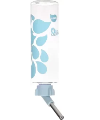 Botella antigoteo para jaula de roedor color azul con boquilla metálica y doble bola, cierre de rosca y alambre de sujeción. Bebedero ideal para hámsters, cobayas y conejos.