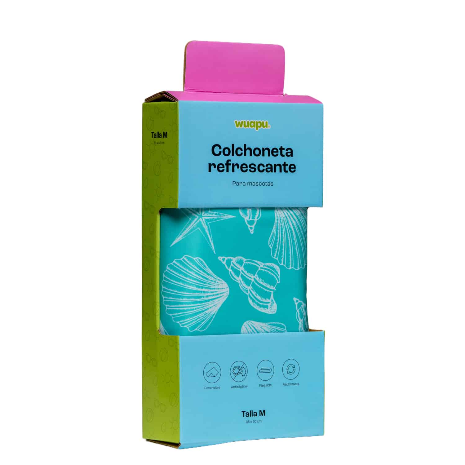 Colchoneta refrescante de gel para perros con estampado azul, diseñada para mantener a la mascota fresca durante los días calurosos. Disponible en varios tamaños.